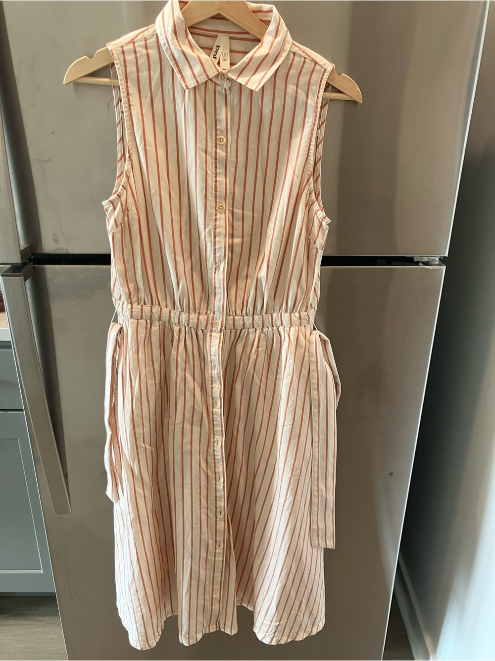 Pact Sleeveless Button-Front Striped Shirt Dress in Cream and Rust